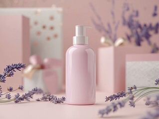 Minimal Pink Skincare Bottle with Lavender and Gift Box