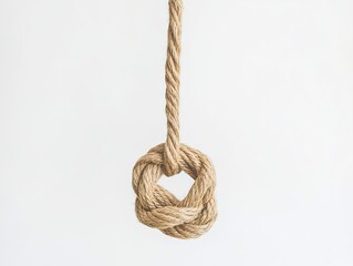 Minimalist Beige Twine Loop Knot Suspended Mid-Air Against White Background