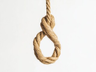 Minimalist Beige Twine Loop Knot Suspended Mid-Air Against White Background