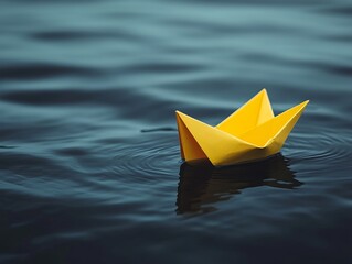 Minimalist Depiction of Hope: A Small Yellow Paper Boat on Dark Water