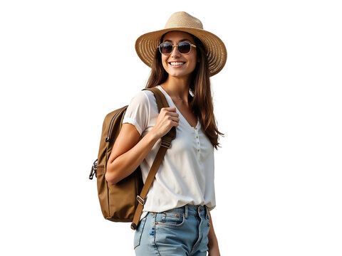 Attractive young woman traveling in casual clothes wearing straw hat, sunglasses and backpack isolated on transparent background