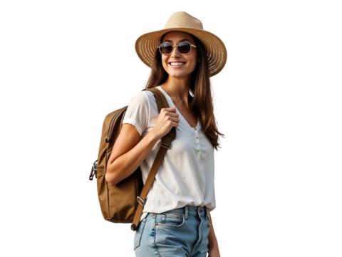 Attractive young woman traveling in casual clothes wearing straw hat, sunglasses and backpack isolated on transparent background - Powered by Adobe