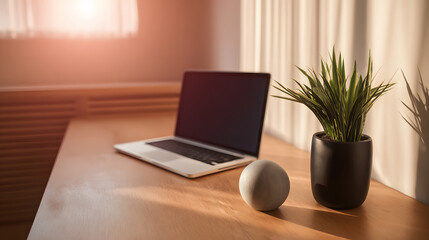 Minimalist Workspace with Laptop Plant and Decorative Sphere in Warm Light