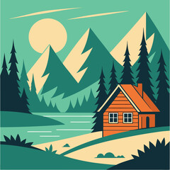 Obraz premium Cozy orange cabin nestled among evergreen trees, lake, and mountains evokes peaceful nature scene