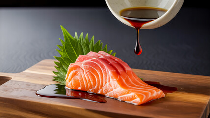 A professional food photography composition featuring a slice of fresh salmon sashimi on a dark wooden cutting board against a black background
