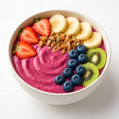 Vibrant smoothie bowl with granola and fruits on white background