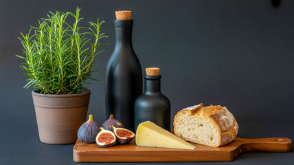 A professional food photography composition on a black background. In the center, there are two matte black glass bottles with cork stoppers