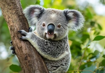Naklejka premium Koala cuddling tree in lush green forest