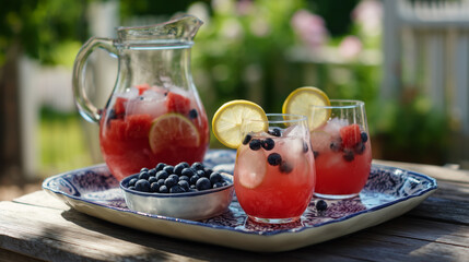 Patriotic Watermelon Lemonades with Red, White and Blue Icing on Tray Beneath Maple Tree in Morning Sunlight – 4th of July Celebration