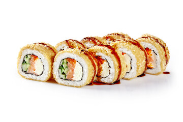 Tempura maki sushi rolls with salmon, cucumber and cream cheese on white background