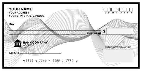 Blank Cheque template of the bank. Checkbook cheque page with empty fields to fill