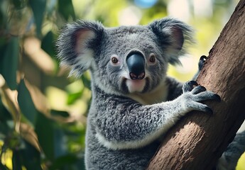 Obraz premium Koala is climbing a eucalyptus tree in australia