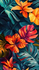 Flowers and foliage background. Tropical leaves and colorful flowers on dark foliage nature background.