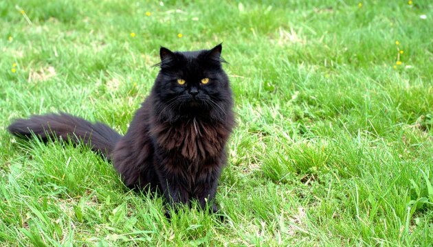 A fluffy black cat with striking yellow eyes sits alertly in a lush green grassy field outdoors. - Powered by Adobe