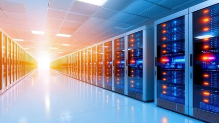 Modern data center with rows of illuminated server racks, advanced technology, digital infrastructure, secure network, computer hardware, storage, and futuristic environment reflecting on shiny floor - Powered by Adobe