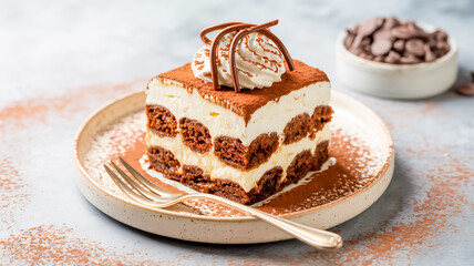 A professional food photography shot of a slice of tiramisu cake on a speckled beige ceramic plate.