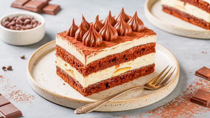 A professional food photography shot of a slice of tiramisu cake on a speckled beige ceramic plate.