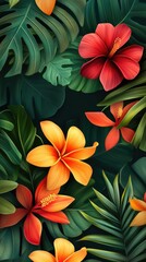 Flowers and foliage background. Tropical leaves and colorful flowers on dark foliage nature background.