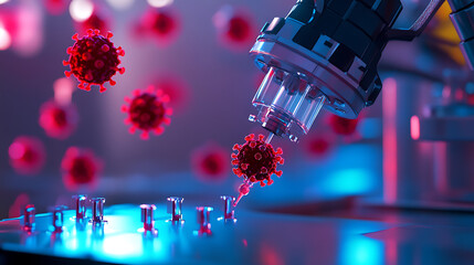 Detailed nanobot injecting neutralizing proteins into virus 