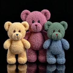 Colorful teddy bear trio stands together in friendship ready for cuddles on a reflective dark