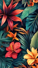 Flowers and foliage background. Tropical leaves and colorful flowers on dark foliage nature background.