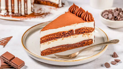 A professional food photography shot of a slice of tiramisu cake on a speckled beige ceramic plate.