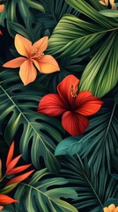 Fototapeta premium Flowers and foliage background. Tropical leaves and colorful flowers on dark foliage nature background.
