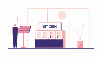 Obraz premium Man standing by solar panel display next to net zero exhibit in a modern minimalist styled room setting