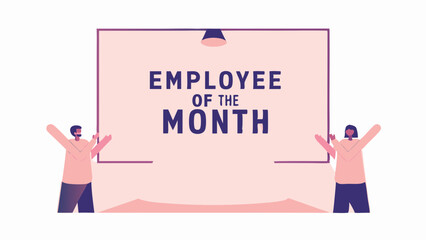 Illustration of two people holding up a sign that reads employee of the month with a light above it