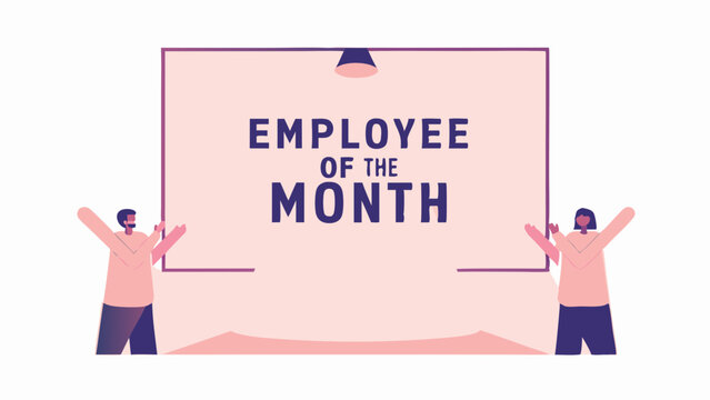 Illustration of two people holding up a sign that reads employee of the month with a light above it