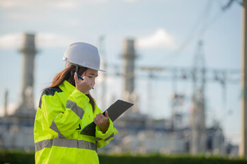 Asian man petrochemical engineer working at oil and gas refinery plant industry factory,The people...