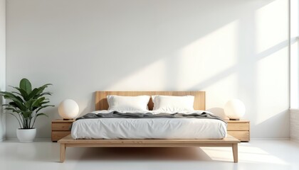 Modern bedroom interior with minimalist design. White walls, large bed with pillows. Wooden headboard, bedside tables, spherical lamps, large green plant, sunlight from window. Home decor. Relaxation.