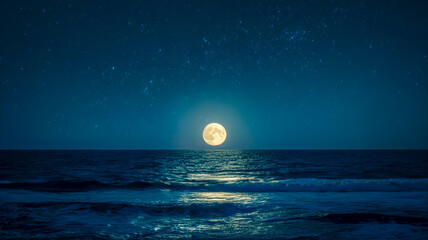 A serene nighttime seascape photograph with a full moon rising over dark blue waters.