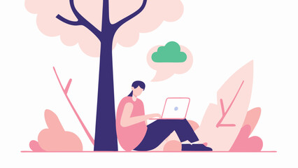 Woman sitting under a tree working on a laptop with a cloud thought bubble above her head outdoors