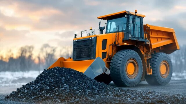 Large yellow dump truck and orange wheel loader construction site, moving gravel with front loader attachment, showcasing heavy industrial vehicle and machinery outdoor work scene during sunrise