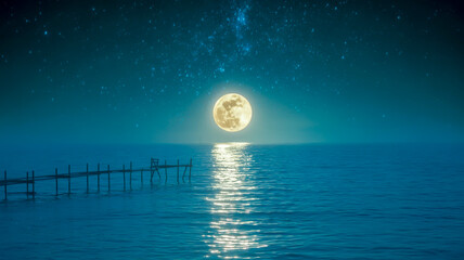 A serene nighttime seascape photograph with a full moon rising over dark blue waters.