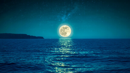 A serene nighttime seascape photograph with a full moon rising over dark blue waters.
