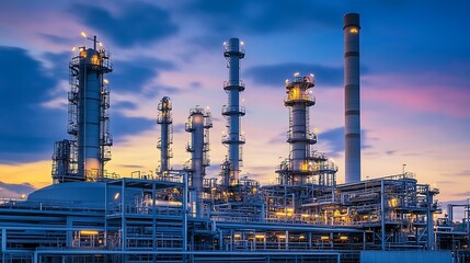 Fototapeta premium Oil refinery plant processing fuel at twilight with dramatic sky