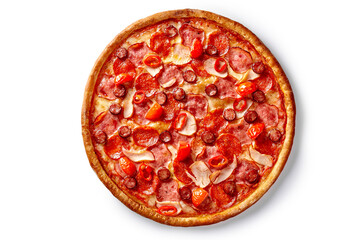 Delicious pepperoni pizza with tomatoes, sausage, and chili peppers on white background