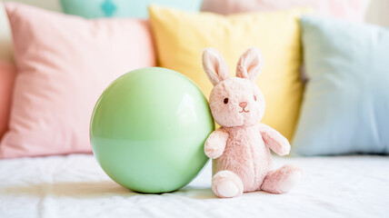 A soft, pastel photograph of a mint green spherical ball and a small plush bunny toy against a blurred background of pastel-colored cushions
