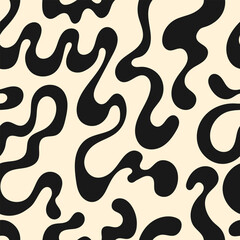 Seamless pattern with black abstract silhouette organic shapes. Vector flat wavy background. Liquid distorted shapes in y2k style