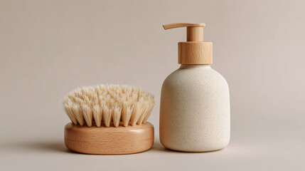 Wooden Brush and Soap Dispenser Flatlay