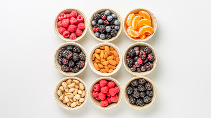 A top-down view of 9 small speckled beige ceramic bowls arranged in a 3x3 grid on a white background