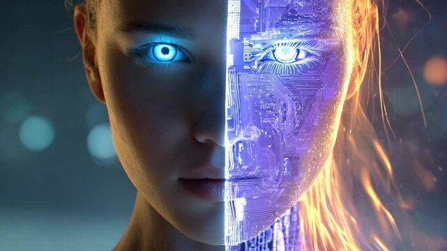 Close-up of a female face split in half between human and cybernetic sides, with glowing blue eyes and fiery digital hair in a sci-fi concept. 4K video