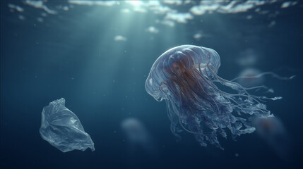Impact of plastic waste on marine life jellyfish encountering pollution in ocean depths