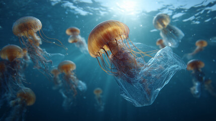 Plastic waste threatening jellyfish in ocean underwater environment marine life conservation