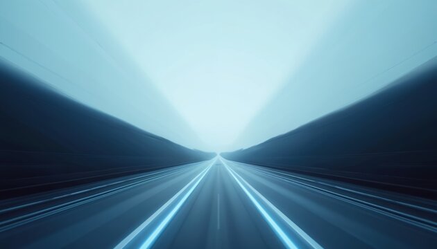 Futuristic design of highway road with blue gradient. Dynamic lines suggest fast movement in modern tech digital world. Minimalist style, high-resolution abstract illustration.