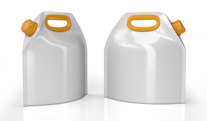 White plastic soft flask with yellow handle and screw cap. Liquid packaging pouches. 3d illustration on white background