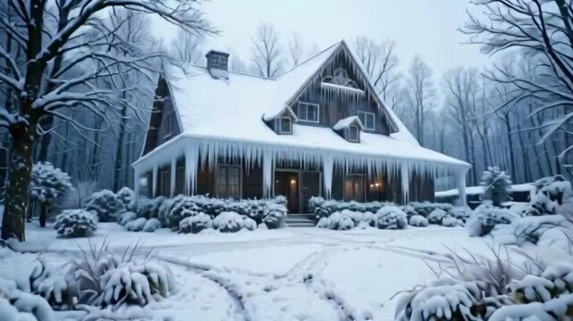 A snow-covered house with icicles, nestled in a wintery landscape of trees and shrubs.