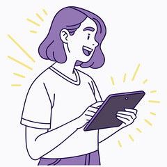 Excited girl with purple hair joyfully looks at her tablet screen with light rays